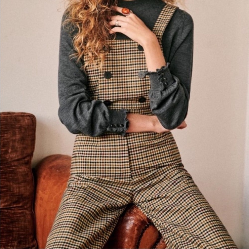 Sezane Plaid Pinafore Jumpsuit in Beige & Black